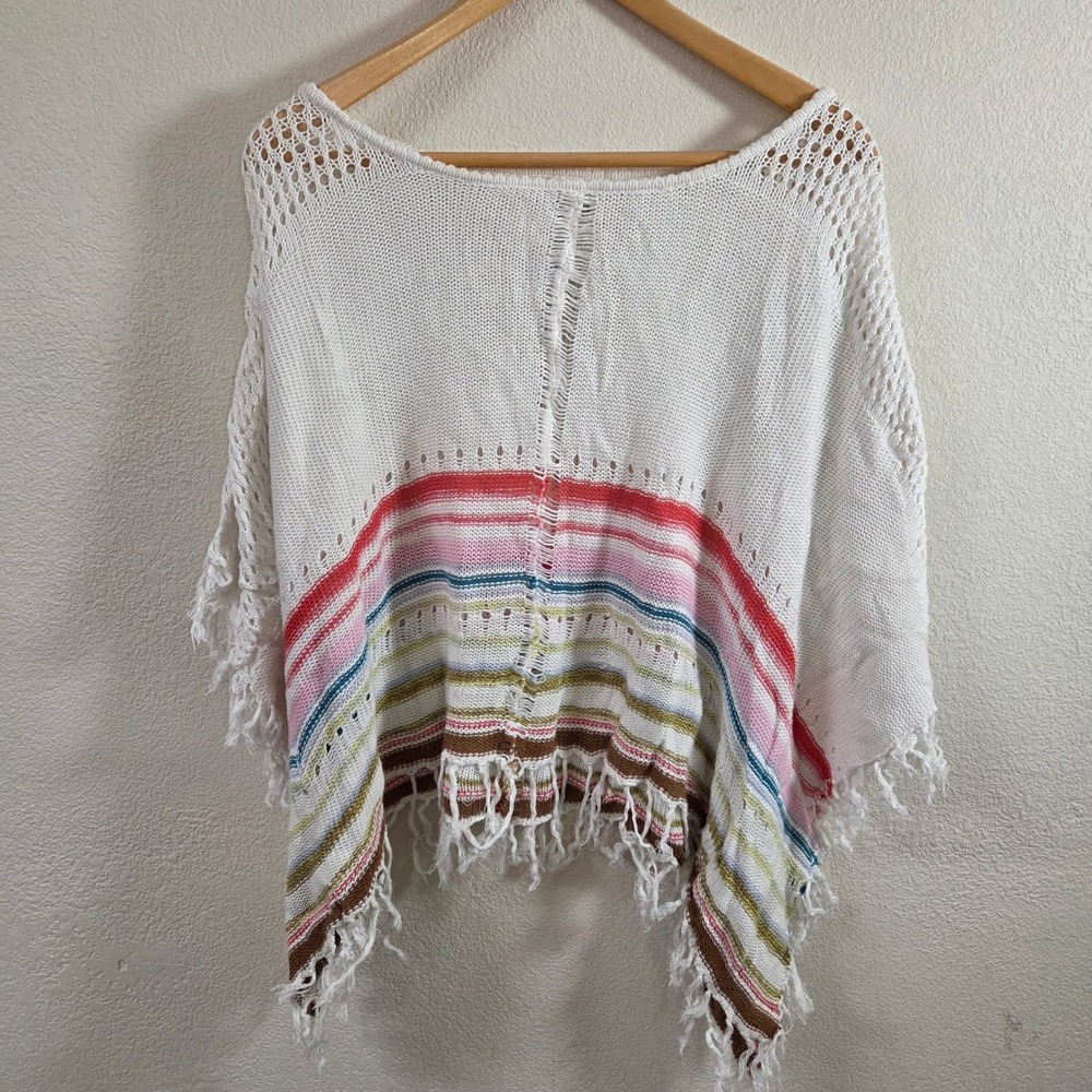 Billabong Womens White Striped Knit Fringe Poncho Cape Top JV07WWOR SM